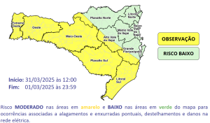 Frente fria traz chuva e temporais para SC entre a tarde de segunda (31) e a terça-feira (01)