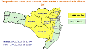Temporais com chuva pontualmente intensa entre a tarde e noite de sábado (29)