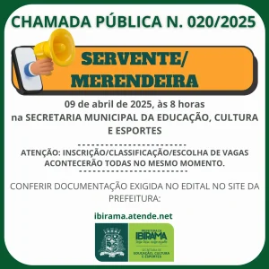 Prefeitura de Ibirama abre chamada pública para servente e merendeira