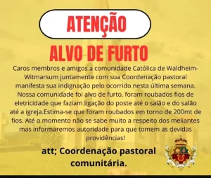 Comunidade Católica de Waldheim em Witmarsum é alvo de furto de fios elétricos