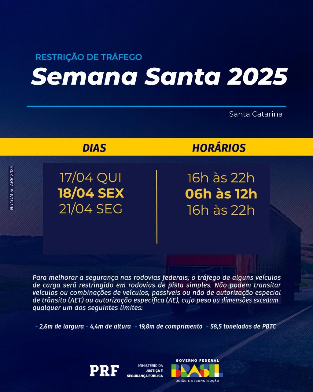 PRF divulga restrições de tráfego para veículos de carga durante a Semana Santa em Santa Catarina