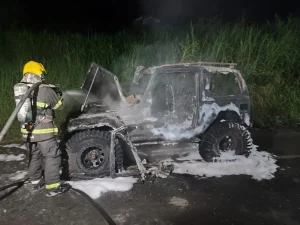 Carro é destruído por incêndio na BR-470 em Rio do Sul