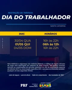 PRF anuncia restrição de tráfego para veículos de carga durante o feriado do Dia do Trabalhador em Santa Catarina
