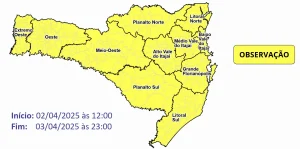 Nova frente fria volta a trazer chuva e temporais isolados para SC entre quarta (02) e quinta-feira (03)
