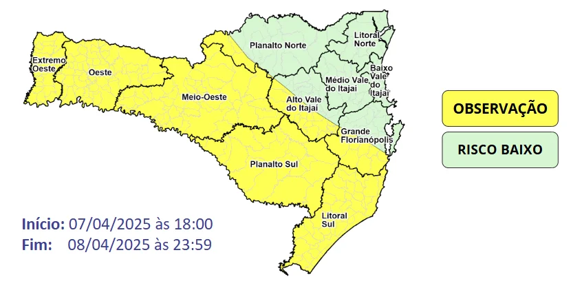 Temporais e chuva pontualmente intensa entre o final da noite de segunda (07) e terça-feira (08)