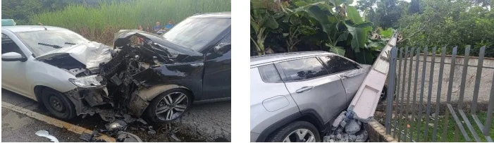 Carro colide em muro e em poste em acidente em Indaial. Duas pessoas ficaram feridas.
