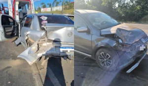 Idosa fica ferida em colisão entre carro e caminhonete na BR-470 em Pouso Redondo<br>