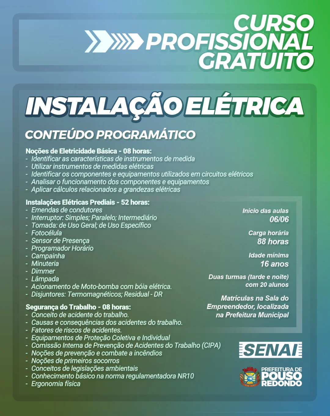 Pouso Redondo oferece curso gratuito de instalação elétrica com certificação do SENAI