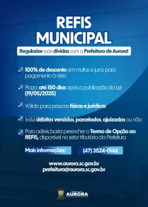 Prefeitura de Aurora lança REFIS Municipal com desconto de 100% em juros e multas