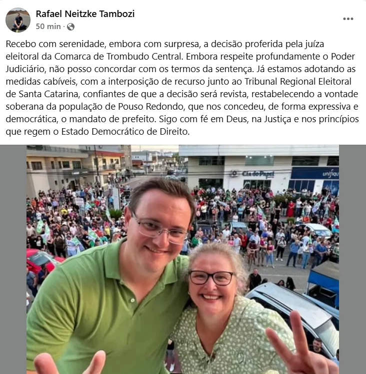 Justiça Eleitoral determina cassação de mandato do prefeito de Pouso Redondo