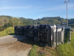 Carreta carregada com madeira tomba em trevo da BR-470, em Ibirama