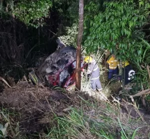 Carro cai em ribanceira com cerca de cinco metros após bater contra ônibus, em Rio do Sul