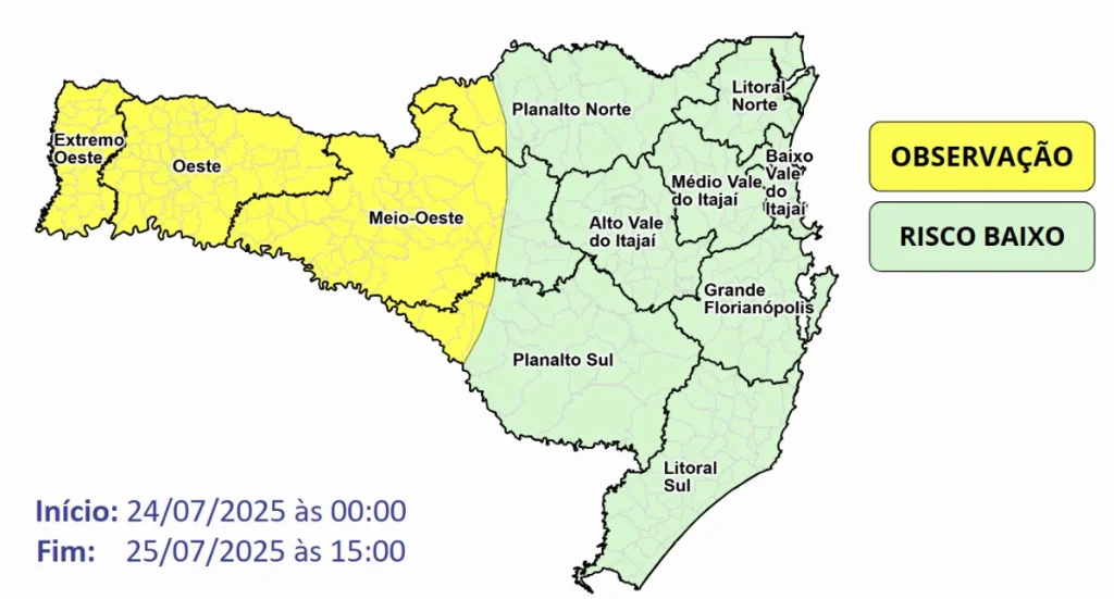 Defesa Civil alerta para temporais isolados e chuva intensa entre quinta e sexta-feira