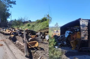 Carreta tomba e interdita trânsito na BR-470, em Lontras