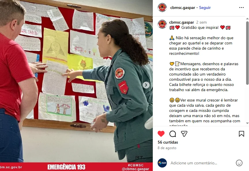 Em Gaspar, mural com desenhos e palavras de incentivo chamam atenção no quartel dos Bombeiros