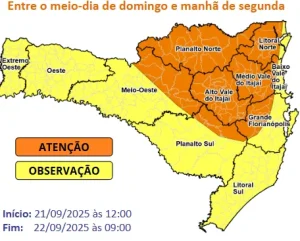 Temporais com vendaval e chuva intensa entre a madrugada do domingo (21) e segunda-feira (22)