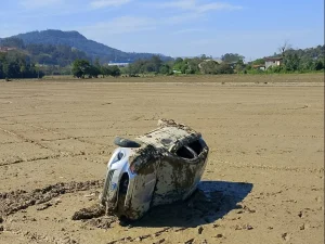 Carro sai da pista e cai em arrozeira na Barra do Trombudo, em Rio do Sul