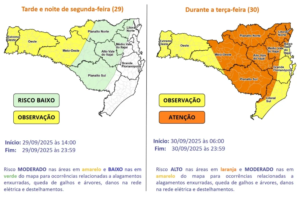 Alto Vale tem alerta para temporais com chuva pontualmente intensa nesta terça-feira (30)