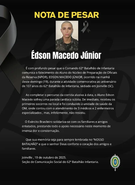 Jovem morre após sofrer parada cardíaca durante evento do Exército em Joinville