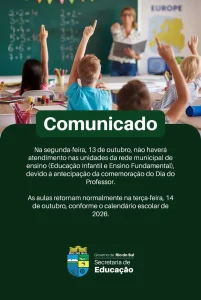 Rede municipal de educação de Rio do Sul não terá atendimento dia 13 de outubro