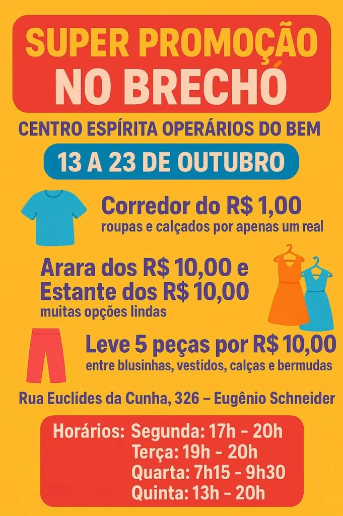 Brechó do Centro Espírita Operários do Bem realiza super promoção em outubro