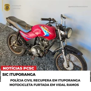 Polícia Civil recupera motocicleta furtada em Vidal Ramos e localizada em Ituporanga