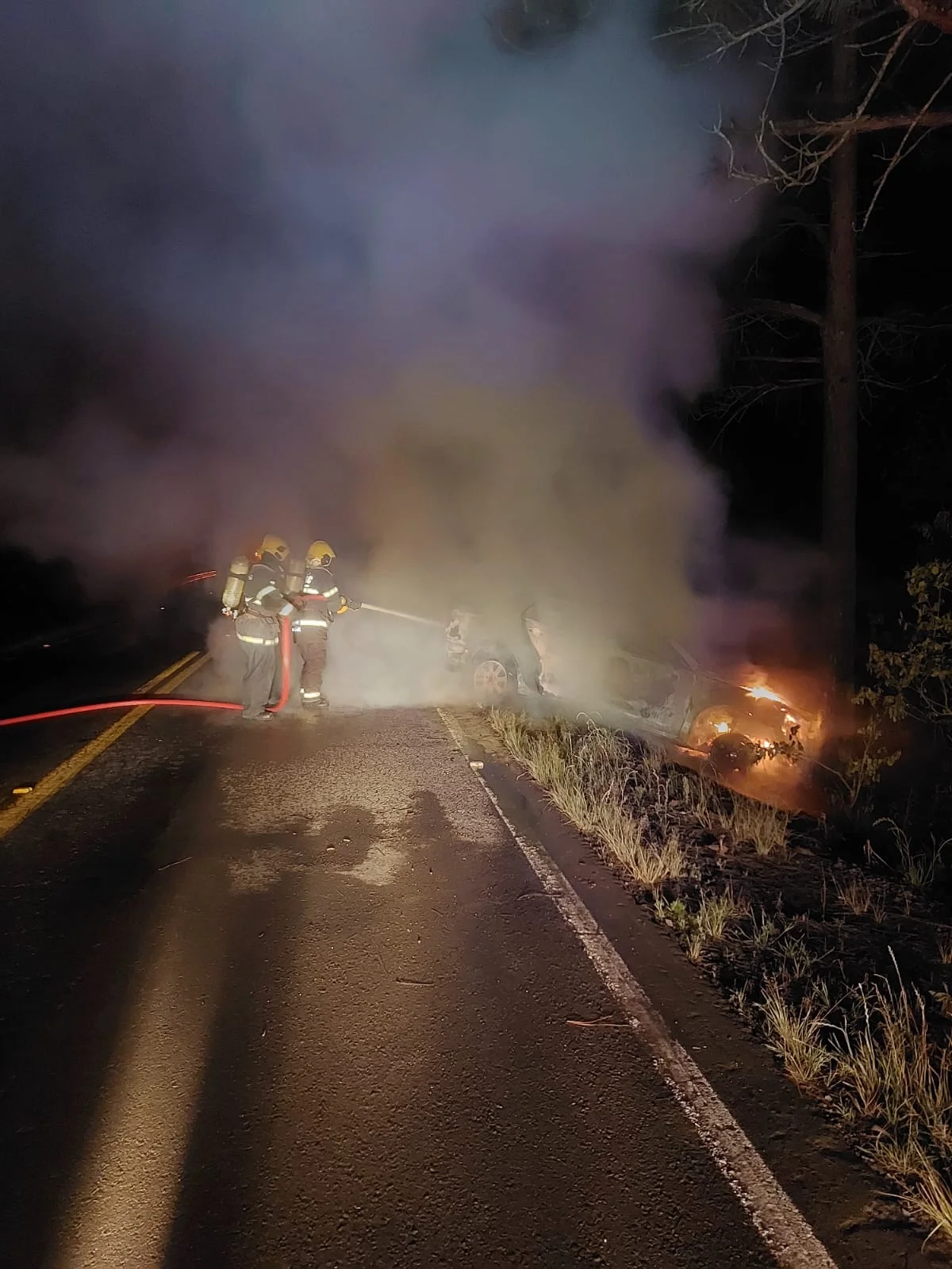Carro pega fogo após colisão com árvore na SC-114, em Taió