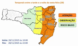 Defesa Civil alerta para temporais com granizo, raios e rajadas de vento em SC nesta sexta (28)