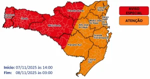 Temporais com vendaval e chuva intensa entre a tarde de sexta-feira (07) e a madrugada de sábado (08)