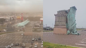Estátua da Liberdade da Havan cai após fortes ventos em Guaíba no RS