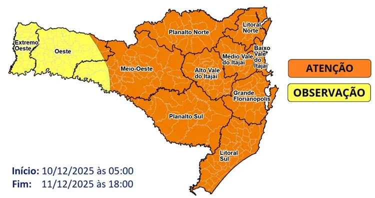 O risco é moderado a alto para ocorrências associadas a destelhamentos, danos na rede elétrica e queda de galhos e árvores.