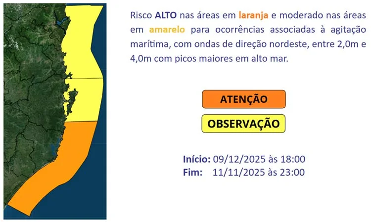 O risco é moderado a alto para ocorrências associadas à agitação marítima.