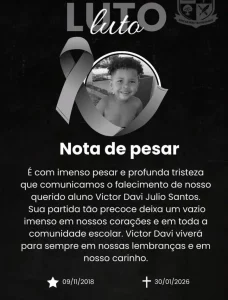 Escola emite nota de pesar após morte de aluno de 7 anos vítima de choque elétrico em Rio do Sul