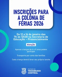 Prefeitura de Trombudo Central abre inscrições para a Colônia de Férias 2026