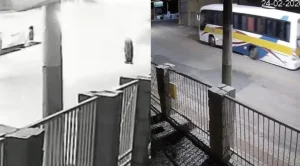 Câmera de segurança flagra ônibus perder roda e atingir muro de residência em Brusque