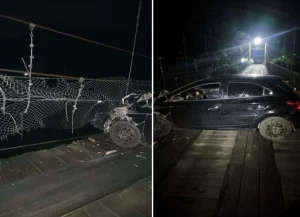Carro colide contra ponte pênsil que liga os bairros Pamplona e Barragem e estrutura é interditada em Rio do Sul