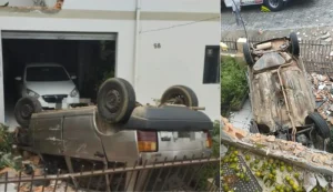 Veículo perde controle, atinge muro e cai em residência, em Ibirama