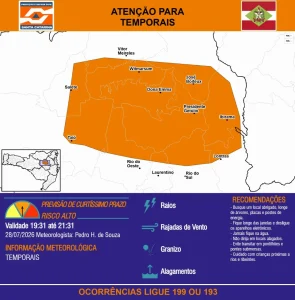 Defesa Civil emite alerta para temporais em 12 municípios do Alto Vale do Itajaí
