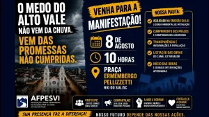 Pelo fim das enchentes. Neste sábado, vai ter manifestação no centro de Rio do Sul para cobrar agilidade nas obras de mitigação de cheias
