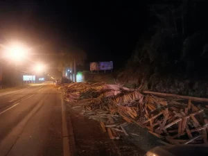 Carreta sai da pista e tomba na BR-470 em Apiúna