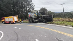 Caminhão fica sem freio e tomba na margem de rodovia em Leoberto Leal