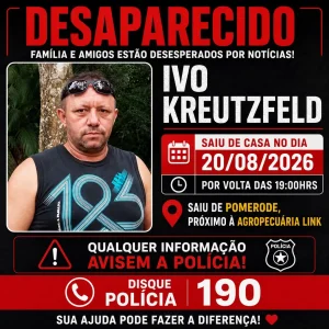 Homem desaparece após sair de casa na região central de Pomerode
