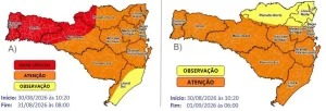Temporais com granizo, vendavais e chuva intensa e volumosa até a madrugada de terça (01)