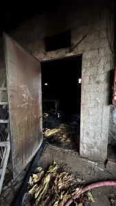 Bombeiros combatem incêndio em estufa de fumo, em Agrolândia