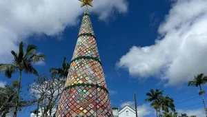 Árvore de Natal gigante feita em crochê é inaugurada em Rodeio
