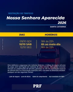 PRF restringe tráfego de caminhões pesados nas rodovias federais de Santa Catarina no feriado de Nossa Senhora Aparecida 2026